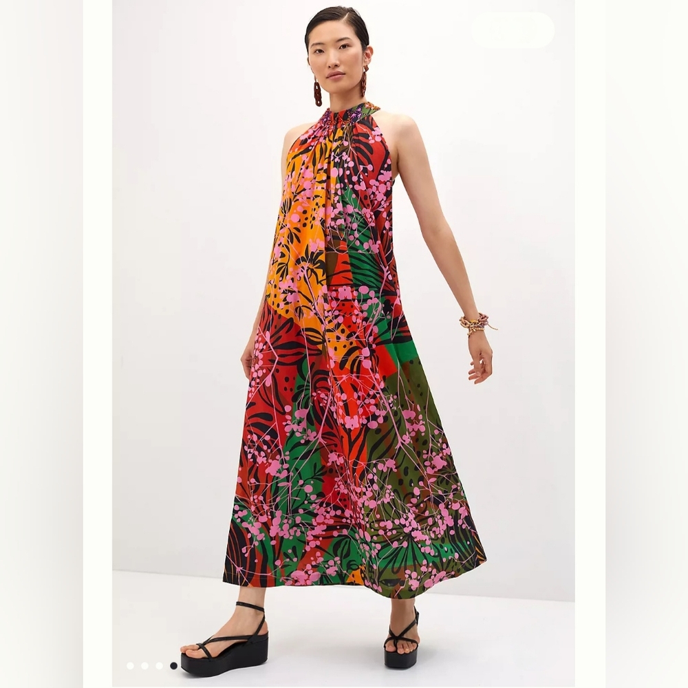 Roopa Pemmaraju Red and Pink Sleeveless Halter Maxi Dress Resort Wear Size S